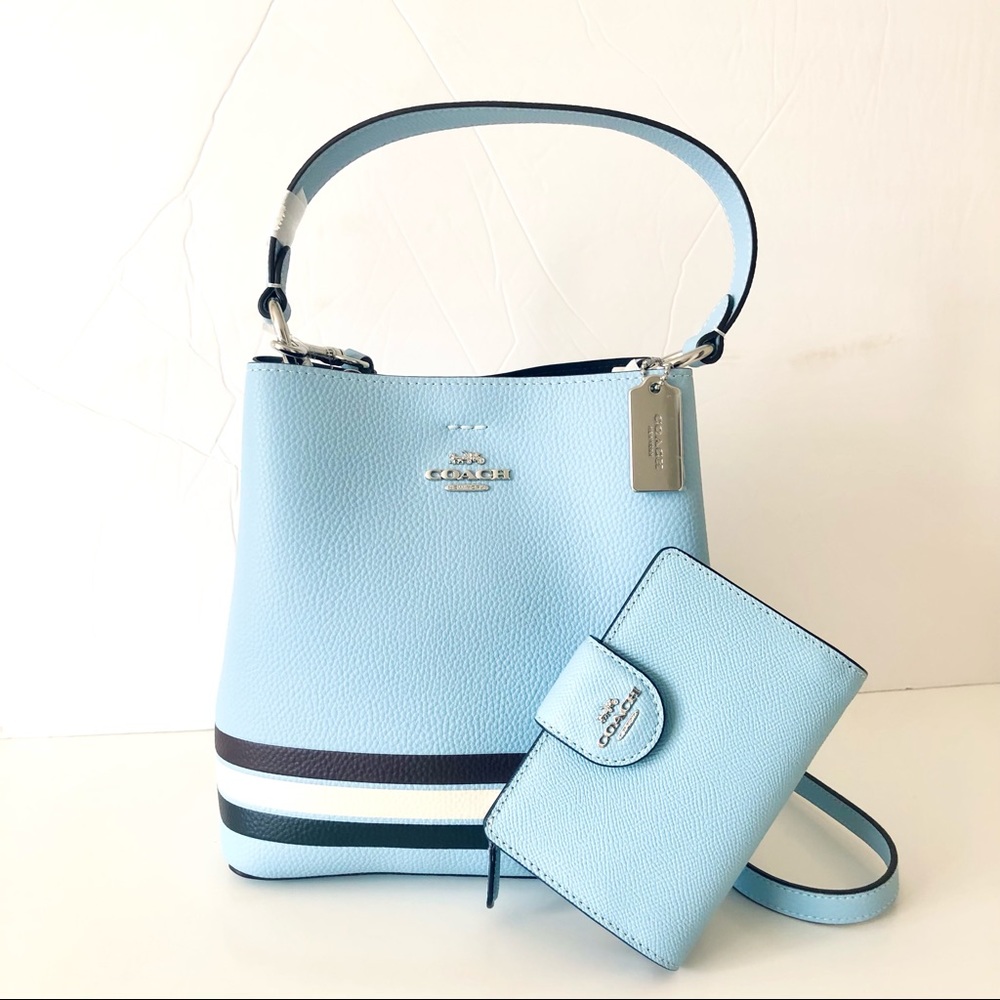 Coach Blue Striped Leather Purse Wallet Set